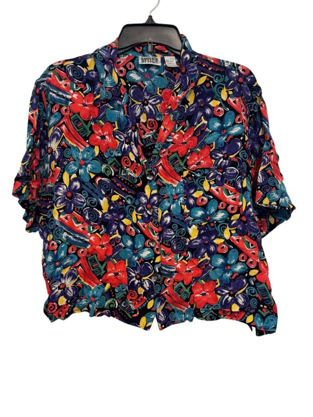 Chicos Design Multicolor Floral Print Button-Up Short Sleeve Rayon Shirt Size 2
